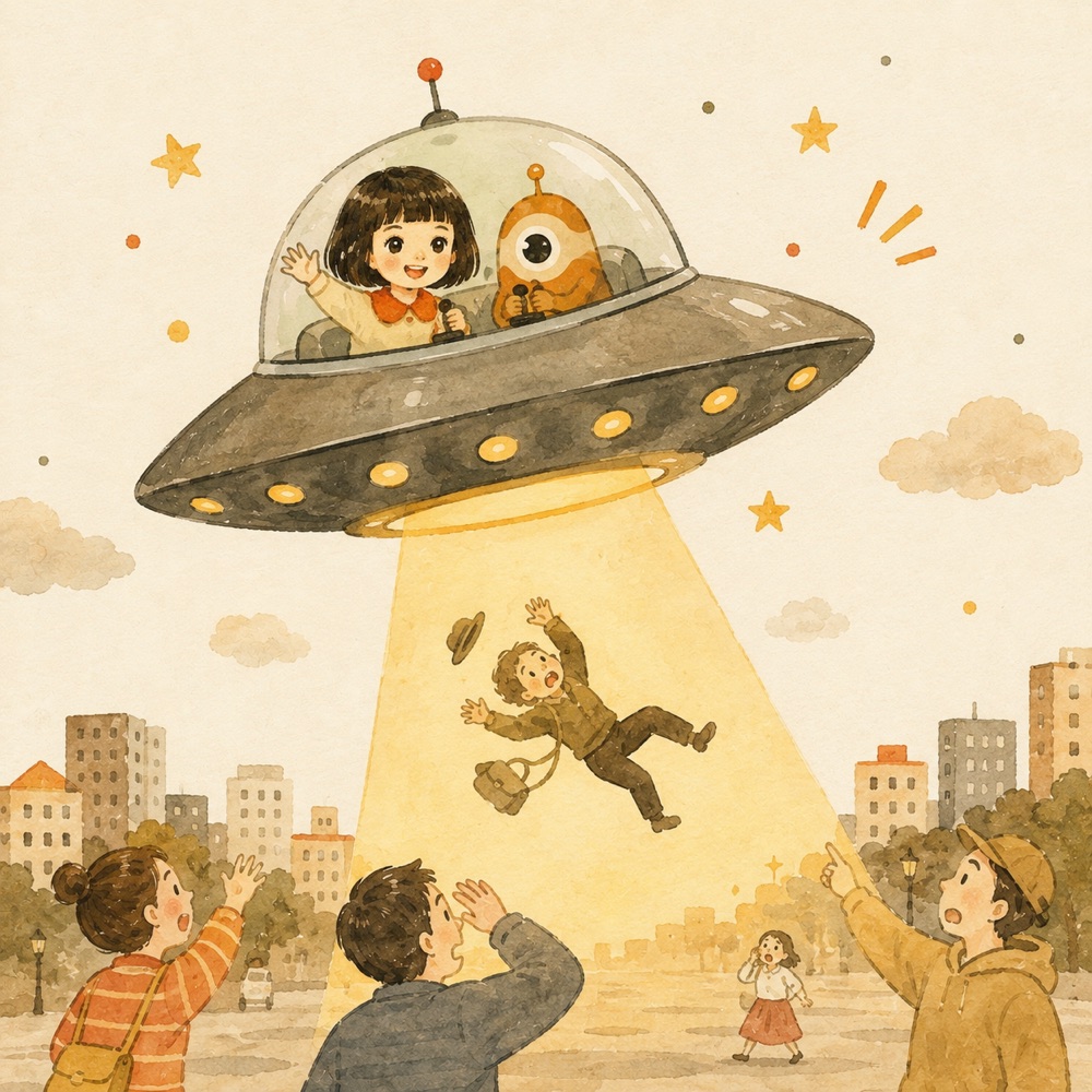 UFOを見上げる人々の水彩画