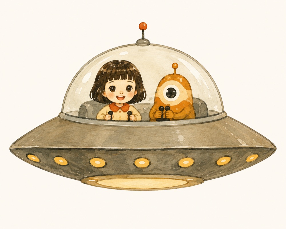 女の子とオレンジ色の宇宙人が乗った水彩画のUFO
